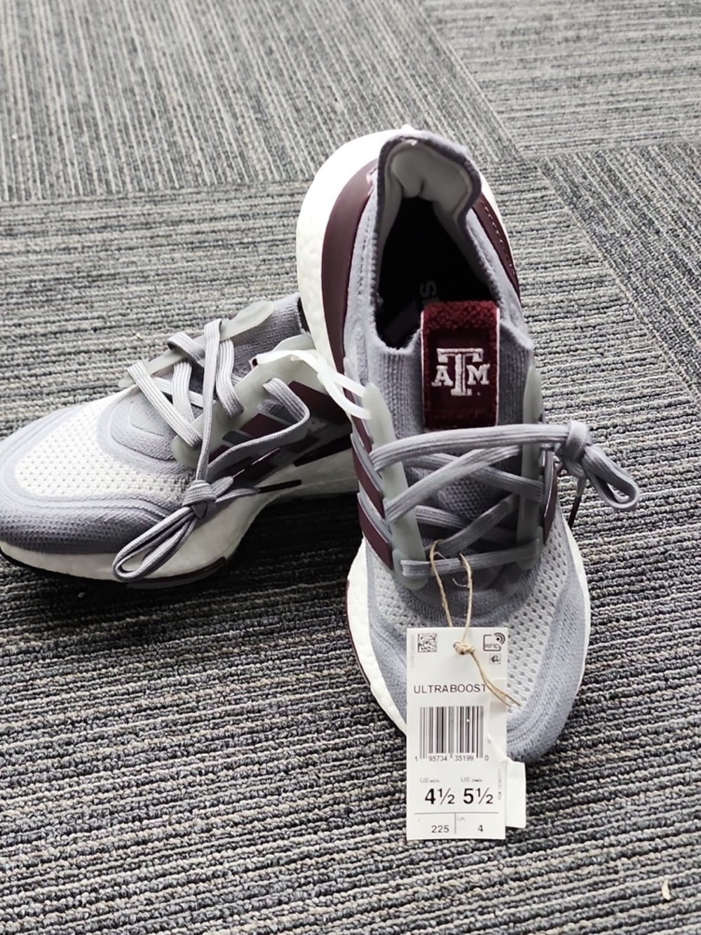 adidas Gray and Maroon Ultraboost Low-Top Sneakers with Collegiate Patch